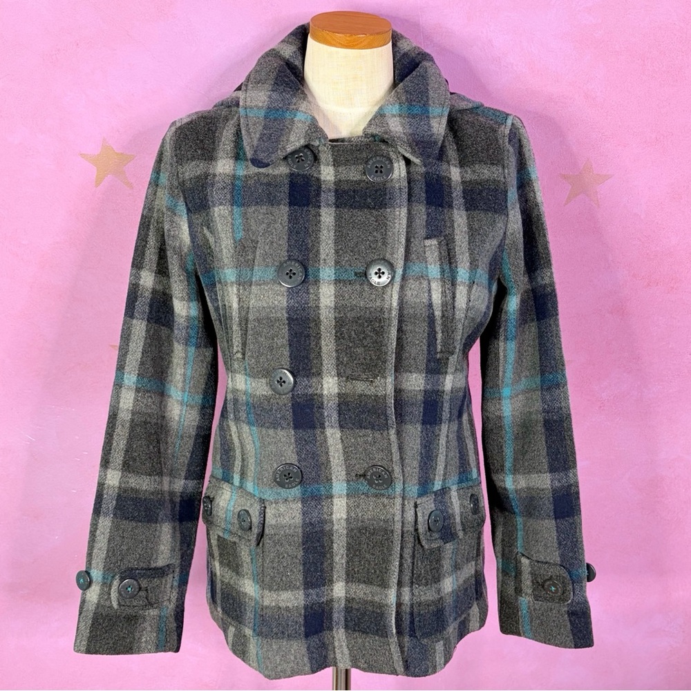 American Eagle Peacoat Jacket Womens Large Plaid Gray Blue Wool Blend Retro Y2k